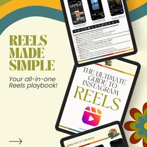 May include: Three tablets displaying information about Instagram Reels. The top tablet shows a screenshot of the Reels interface. The middle tablet displays "THE ULTIMATE GUIDE TO INSTAGRAM REELS". The bottom tablet shows how to add text to Reels. The background is beige with retro-style graphics.
