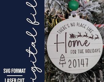 Customizable Round Shiplap Ornament SVG | "There's No Place Like Home for the Holidays" | Christmas Ornament Laser File | Zip Code | SVG