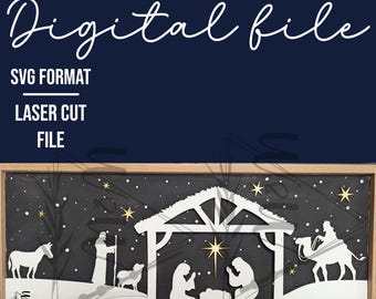 May include: A digital file for laser cutting a nativity scene. The design features a stable, a star, a donkey, a camel, three figures, and a snowy background.