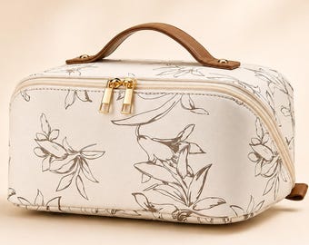 Borsa per il trucco grande, borsa cosmetica da viaggio, organizer per il trucco aperto e piatto, beauty case da donna, astuccio cosmetico portatile, regalo di Natale per lei