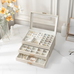 Großes Schmuckkästchen/Schmuckkästchen/Schmuckschatulle/Reise-Schmuckkästchen/Schmuckschatulle für Frau/Schmuckkästchen mit Glas/Brautjungfer Box/Ringbox