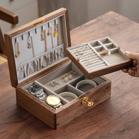 Walnut Wood Jewelry Box with Lock: Velvet Lined Organizer