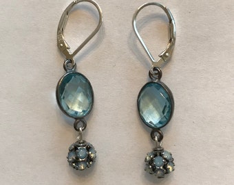 Oxidized Sterling Silver Aqua Bezel Set and Pave Opal Earrings