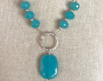 Pop of Color... Faceted Aqua Jade and Fine Silver Necklace