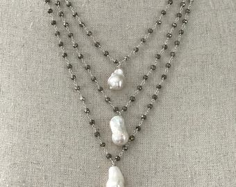 Baroque Pearl on Pyrite Chain Necklace