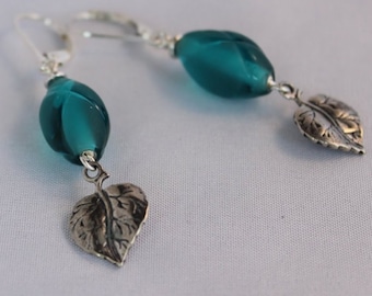 Teal Glass and Silver Leaves Earrings