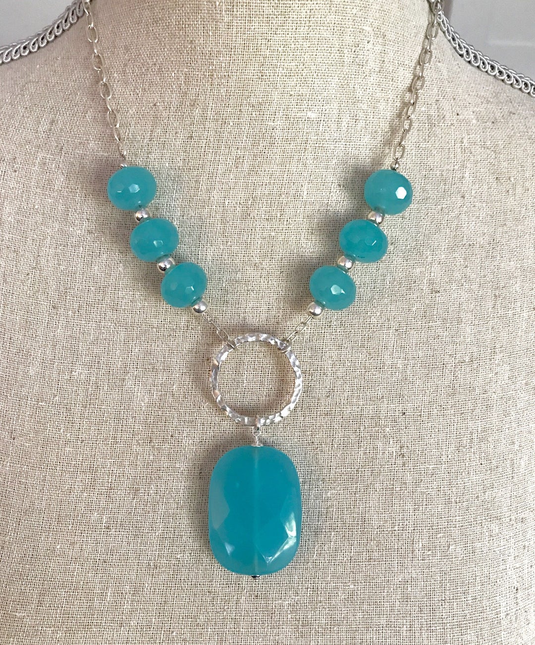 Pop of Color... Faceted Aqua Jade and Fine Silver Necklace - Etsy