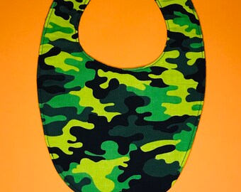 Neon green camo baby bib