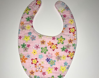 Spring flowers on pink gingham baby bib