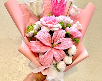 Crocheted Flower Bouquet: Handmade Rose, Tulip, Lily  Mother's  Day, Birthday gift for her