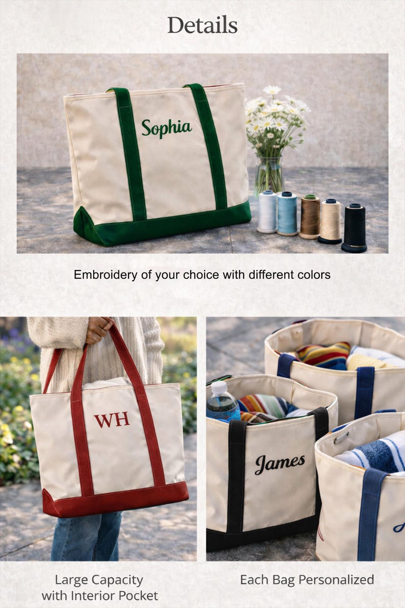 K&ouml;nnte beinhalten: Cremefarbene Tragetaschen mit personalisierten Stickereien in verschiedenen Farben. Eine Tasche hat "Sophia" in Gr&uuml;n, eine andere "WH" in Rot und andere Namen. Die Taschen haben farbige Griffe und B&ouml;den.