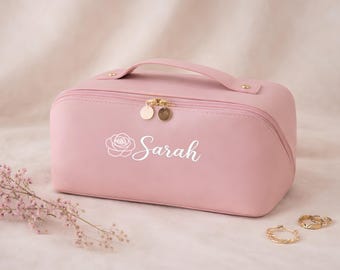 Bestickte Leder-Make-up-Tasche, personalisierte Kosmetiktasche, Reiseutensilien, großer Kulturbeutel für die Brautjungfer, Muttertag