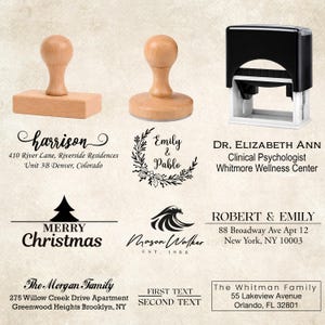 May include: Wooden stamps with various designs and text, including names, addresses, and holiday greetings. One stamp is a self-inking type. Text includes "Harrison", "Emily & Pablo", "Merry Christmas", and "Mason Walker".