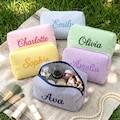 Custom Name Embroidered Makeup Bag, Aesthetic Monochrome Makeup Bag, Seersucker Toiletry Bag, Mother's Day Gift, Bacholerette Party Gift product logo