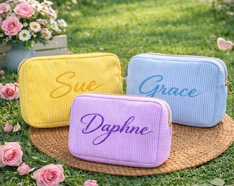 Personalized Embroidered Makeup Bag, Seersucker Cosmetic Pouch, Monogram Makeup Bag For Woman, Aesthetic Makeup Bag, New Mother's Day Gift