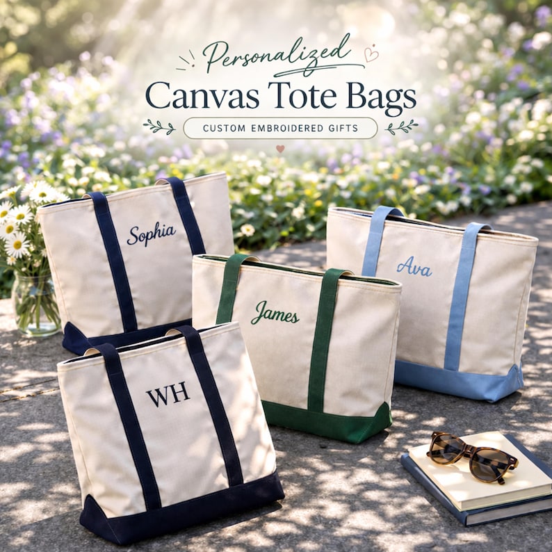 K&ouml;nnte beinhalten: Vier Canvas-Tragetaschen mit personalisierten, gestickten Namen. Die Taschen sind cremefarben mit farbigen Akzenten an den Griffen und am Boden. Die Namen "Sophia", "James", "Ava" und "WH" sind auf den Taschen gestickt. Der Text "Personalized Canvas Tote Bags" steht oben.