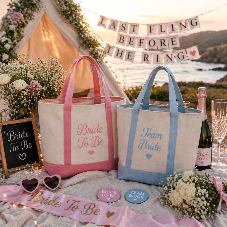 K&ouml;nnte beinhalten: Zwei Canvas-Tragetaschen, eine rosa und eine blaue, mit den Aufschriften "Bride To Be" und "Team Bride". Die Taschen sind Teil einer Hochzeits-Picknick-Szene mit einem Banner mit der Aufschrift "Last Fling Before The Ring."