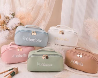 Personalisierte Leder Make-up-Tasche, individuell gestickte Namen Kosmetiktasche, Braut & Brautjungfer Geschenke, coole Muttertagsgeschenke, Reise-Make-up-Tasche