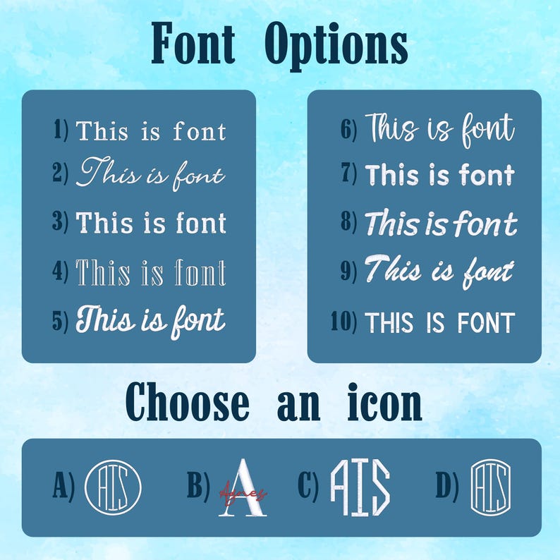 K&ouml;nnte beinhalten: Grafik mit Schriftoptionen und Icons. Oben steht "Font Options". Zehn Schriftarten werden gezeigt, jede mit dem Text "This is font". Darunter werden vier Icon-Optionen pr&auml;sentiert, gekennzeichnet mit A bis D, jede mit einem anderen Design.