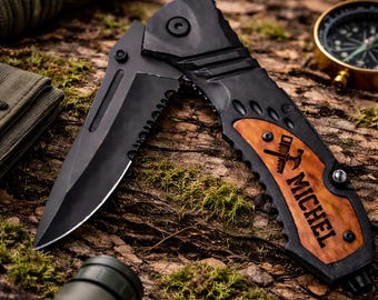 Custom Engraved Tactical Pocket Knife, Serrated Edge Blade, Fishing Camping Hiking Gifts for Father, Engraved Pocket Knife, Fathers Day Gift