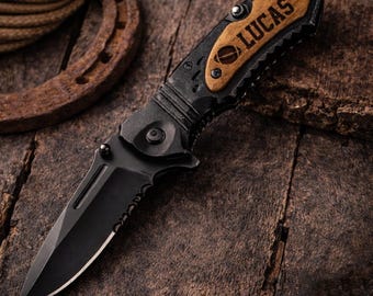 Custom Engraved Tactical Pocket Knife, Serrated Edge Blade, Fishing Camping Gifts for Father, Engraved Pocket Knife, Father's Day Gift