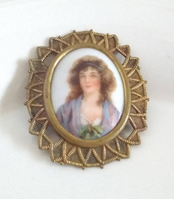 Vintage Porcelain Brooch Pin French Italian Old Wo