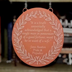 Hanging Bookshelf Jane Austen Large bookish decor Jane Austen Quote Library sign decor round adhesive connector Pride and Prejudice