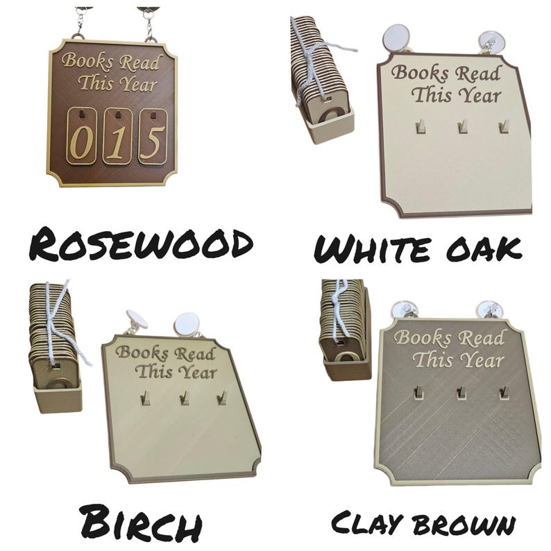 May include: Wooden book counter with the text "Books Read This Year" and the number "015". The counter is in a rosewood finish. Additional counters are shown in white oak, birch, and clay brown.