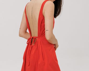 Red Open-back Cotton Dress
