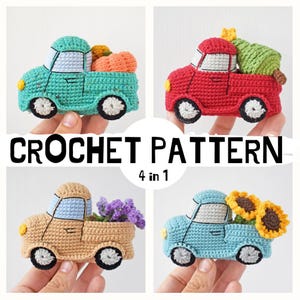May include: Crochet pattern for four different pickup trucks, each with a different seasonal theme. The trucks are teal, red, beige, and blue.  The themes are pumpkins, a Christmas tree, flowers, and sunflowers.