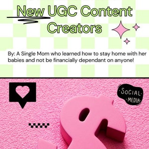 May include: A pink dollar sign with the word "CONTENT" written on it. The background is a pink checkered pattern with a black heart icon and a black camera icon with a heart inside.