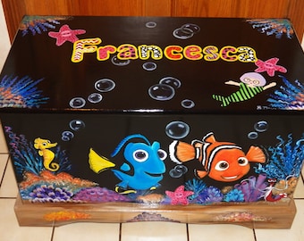 Custom Inspired Nemo, FriendsToy Box Personalized with Name on top, black background, kids furniture, hand made, hand painted wooden toy box