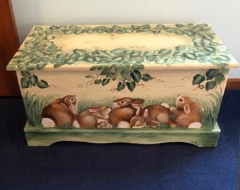 Custom bunny bunch toy box,  kids furniture, hand-made, hand painted wooden toy box, wooden chest, vintage chest