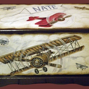 Vintage Airplane Toy Chest Custom Designed with an Espresso background, kids furniture, hand made, hand painted wooden toy box image 1