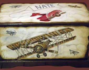 Vintage Airplane Toy Chest Custom Designed with an Espresso background, kids furniture, hand made, hand painted wooden toy box