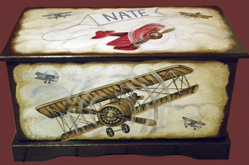 Vintage Airplane Toy Chest Custom Designed with an Espresso background, kids furniture, hand made, hand painted wooden toy box image 1