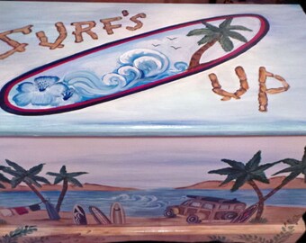 Custom designed "surfboard " toy box kids furniture, art and decor, wooden toy box