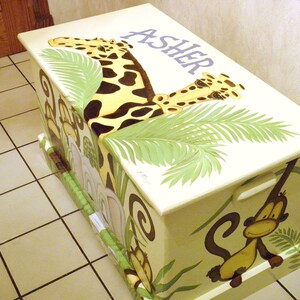 Jungle Toy Chest custom designed with a soft yellow background done with Monogram or Name, kids furniture, art and decor, wooden toy box image 3