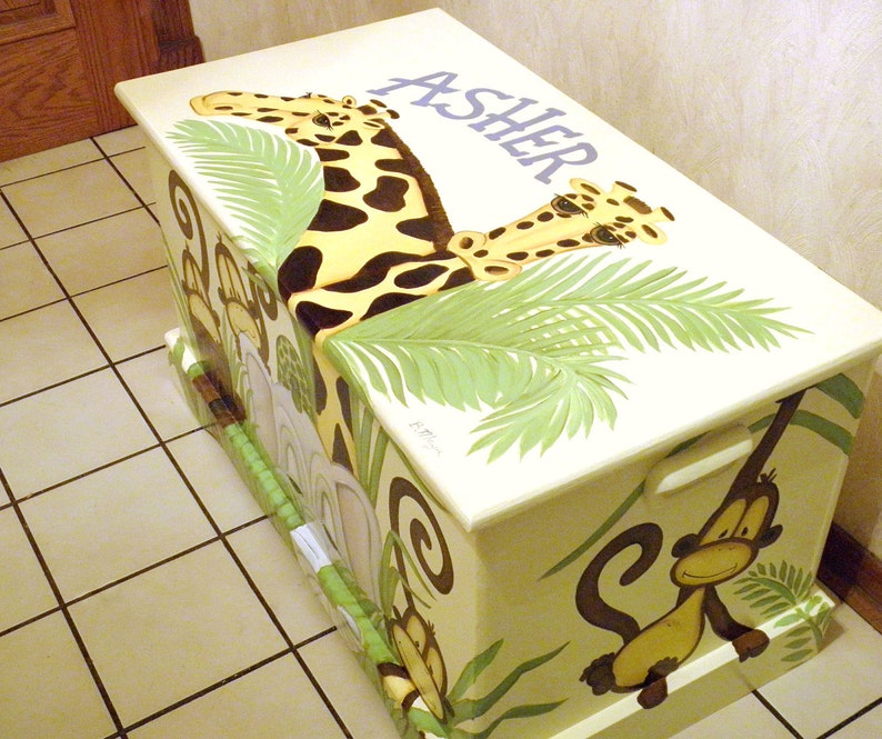 Jungle Toy Chest custom designed with a soft yellow background done with Monogram or Name, kids furniture, art and decor, wooden toy box image 3