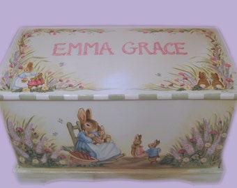 Custom Designed  Bunny Rabbit Toy Box inspired by Peter Rabbit, kids furniture, wooden toy box, hand made and hand painted