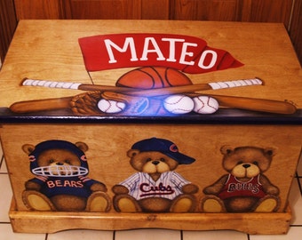 Custom wooden Teddy Bear TOY BOX, Kids Furniture, Toy chest Personalized Sports Teams, hand made and hand painted