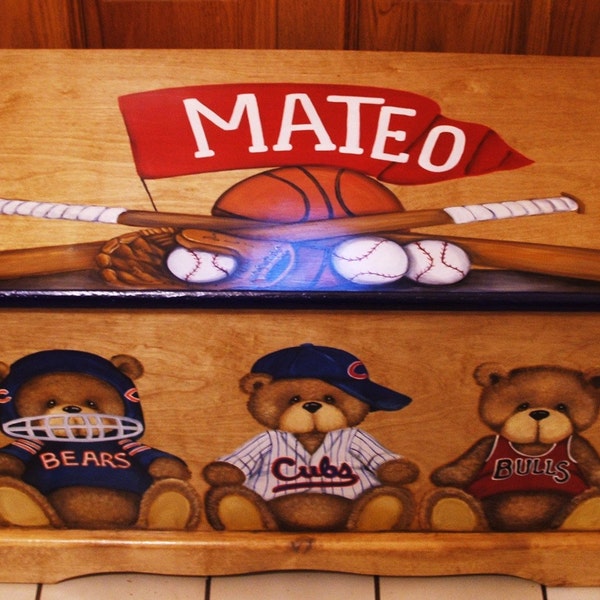 Custom wooden Teddy Bear TOY BOX, Kids Furniture, Toy chest Personalized Sports Teams, hand made and hand painted