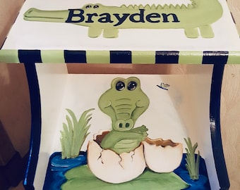 Custom personalized wooden step stool, with cute alligators