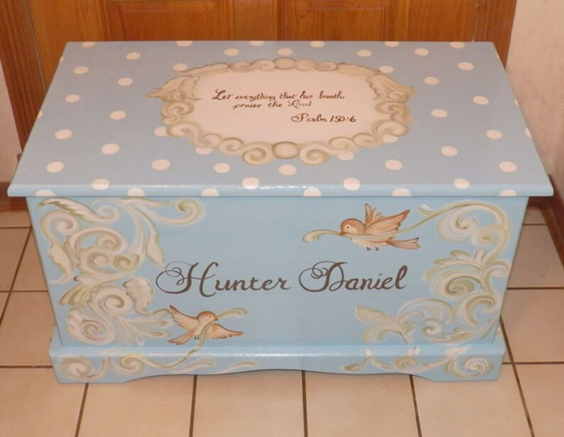 Custom Hope Chest or toy box with a verse of your choice on lid and inside and personalized with name.