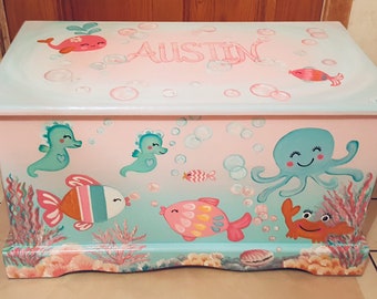 Custom designed Under The Sea, aqua,pink, and blue wooden toy box, hope chest