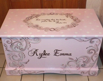 Custom Hope Chest or toy box  with a verse of your choice on lid and inside and personalized with name.