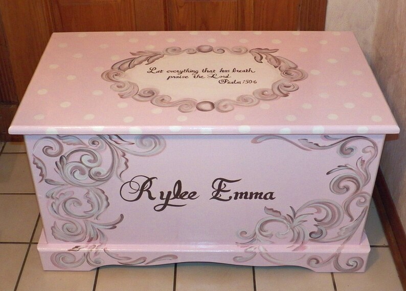 Custom Hope Chest or toy box with a verse of your choice on lid and inside and personalized with name.
