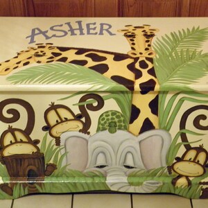 Jungle Toy Chest custom designed with a soft yellow background done with Monogram or Name, kids furniture, art and decor, wooden toy box image 2