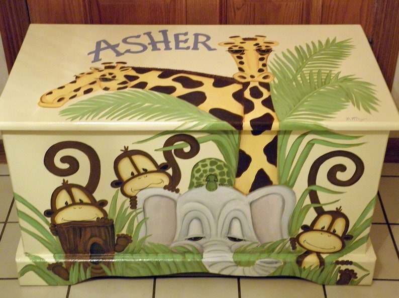 Jungle Toy Chest custom designed with a soft yellow background done with Monogram or Name, kids furniture, art and decor, wooden toy box image 2