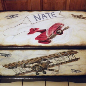 Vintage Airplane Toy Chest Custom Designed with an Espresso background, kids furniture, hand made, hand painted wooden toy box image 2